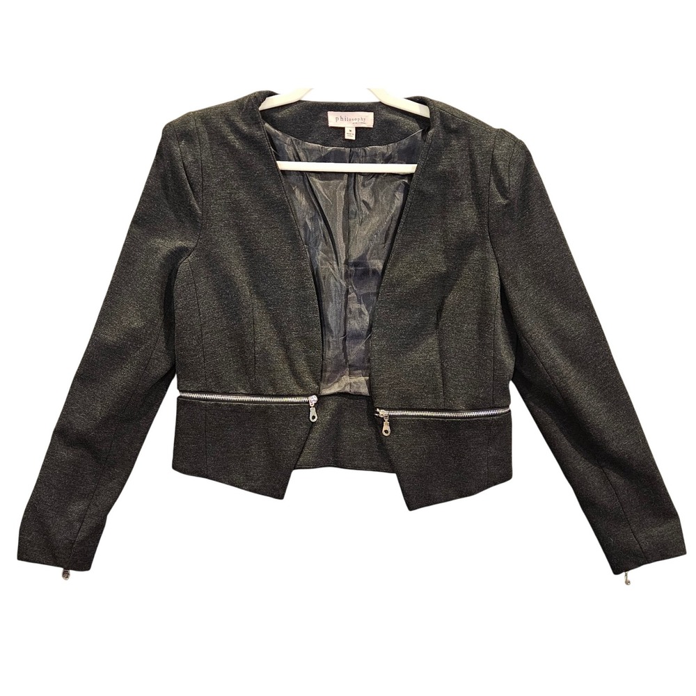 Philosophy Women's M Dark Gray Zipper Detail Cropped Blazer Jacket‎ #453